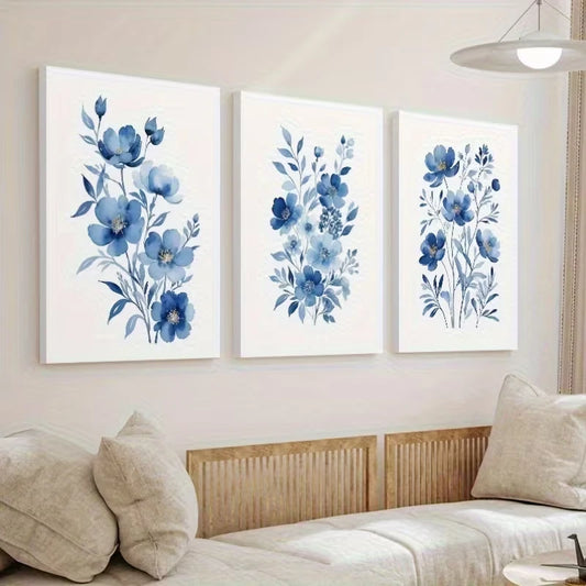 3pcs Minimalist Blue Watercolor Floral Wall Art Set Canvas Framed 60x90cm - High Quality Print 100% Australian Made Wall Canvas Ready to Hang