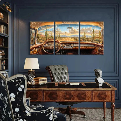 3pcs Desert Landscape Vintage Car Blue Sky Metal Print Ready to Hang Art - Bella Home Decor