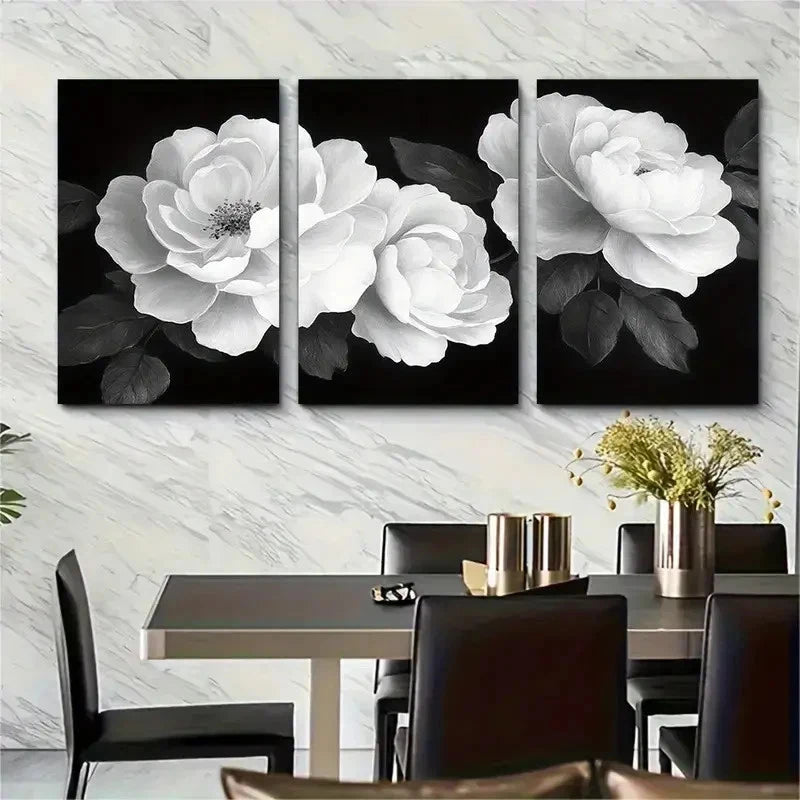 3pcs Black And White Floral Rose Décor Perfect Wall Art Set Canvas Framed 40x60cm - High Quality Print 100% Australian Made Wall Canvas Ready to Hang