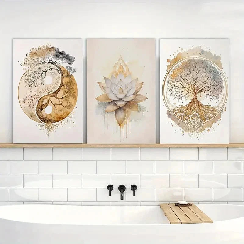3pcs Painting Tree of Life Lotus Zen Metal Print Ready to Hang Art - Bella Home Decor