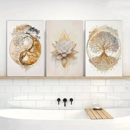 3pcs Painting Tree of Life Lotus Zen Metal Print Ready to Hang Art - Bella Home Decor