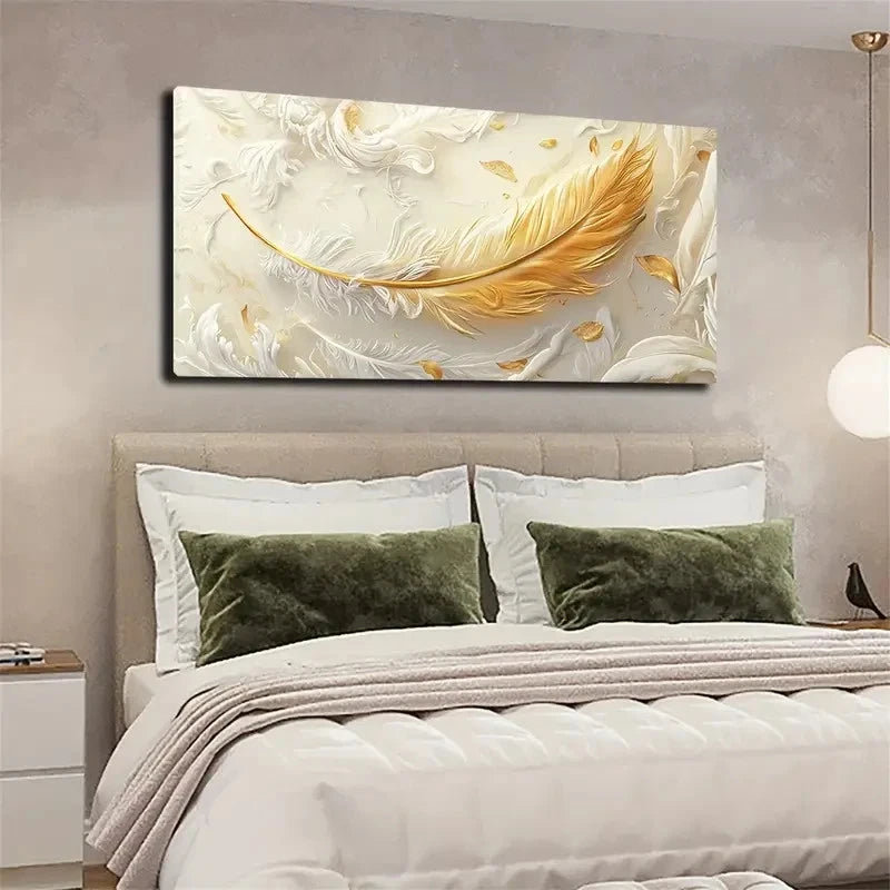 Golden Feather Abstract Wall Art canvas office home room framed 120x60cm - Bella Home Decor