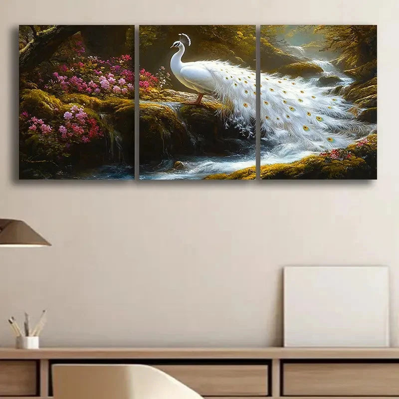 3pcs White Peacock and Floral Wall Art Set Canvas Framed 50x70cm - High Quality Print 100% Australian Made Wall Canvas Ready to Hang