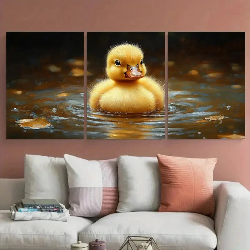 3pcs Vibrant Yellow Duckling Illustration Metal Print Ready to Hang Art - Bella Home Decor