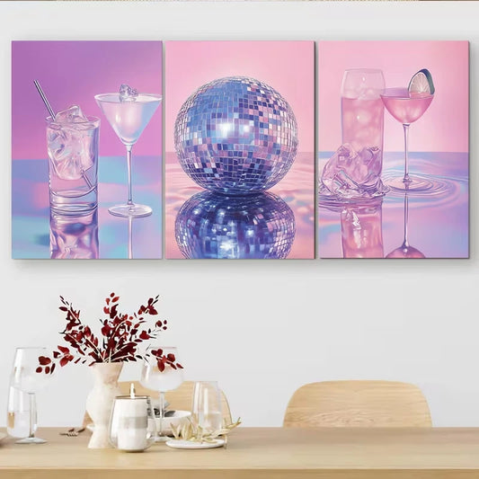3pcs Stylish Disco Balls And Elegant Beverages Metal Print Ready to Hang Art