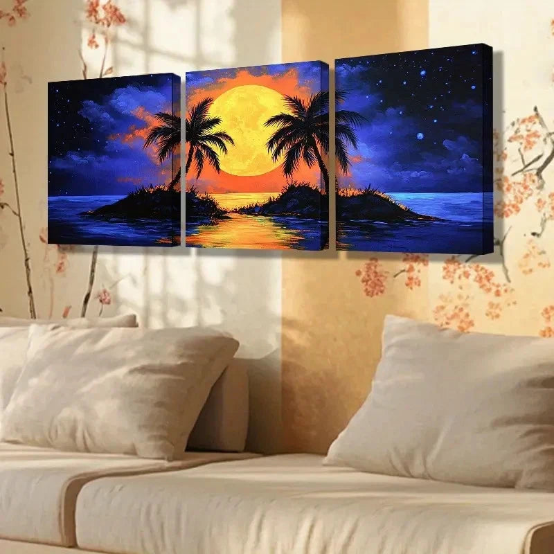 3pcs Tropical Sunset Dark Blue   Wall Art Set Canvas Framed 50x70cm - High Quality Print 100% Australian Made Wall Canvas Ready to Hang - Bella Home Decor