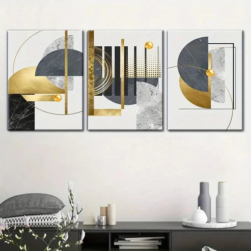 3pcs Abstract Geometric Shapes In Golden Wall Art Set Canvas Unframed - High Quality Print 100% Australian Made Wall Canvas - Bella Home Decor