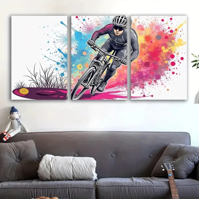 3pcs Vibrant Cyclist Riding Artwork Scene Wall Art Set Canvas Framed 60x90cm - High Quality Print 100% Australian Made Wall Canvas Ready to Hang