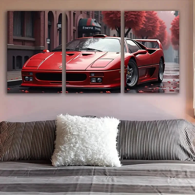 3pcs Red Ferrari In The Cityscape Wall Art Set Canvas Framed 60x90cm - High Quality Print 100% Australian Made Wall Canvas Ready to Hang
