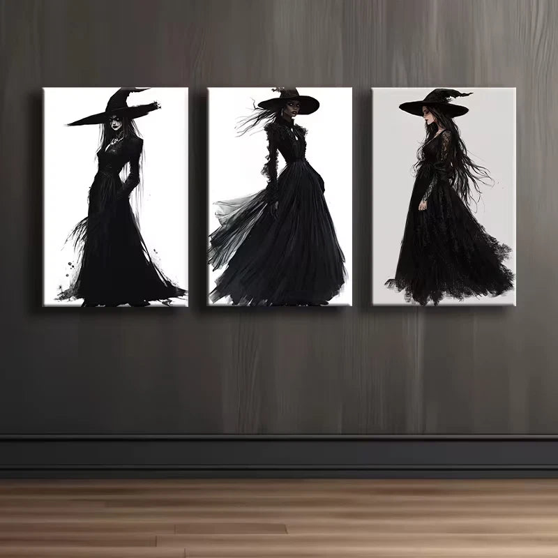 3pcs Elegant Black Witch Wall Art Set Canvas Framed 50x70cm - High Quality Print 100% Australian Made Wall Canvas Ready to Hang