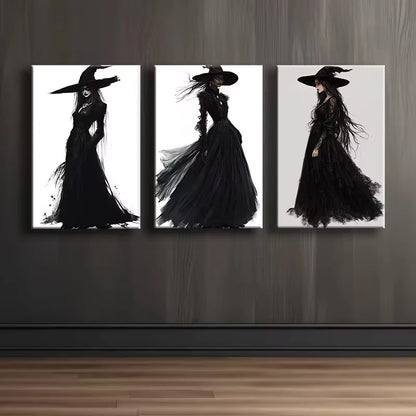 3pcs Elegant Black Witch Wall Art Set Canvas Framed 50x70cm - High Quality Print 100% Australian Made Wall Canvas Ready to Hang
