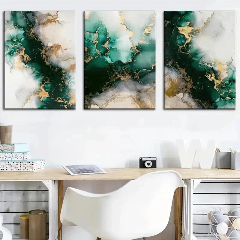 3pcs Modern Emerald Green & Gold Abstract Wall Art Set Canvas Framed 50x70cm - High Quality Print 100% Australian Made Wall Canvas Ready to Hang