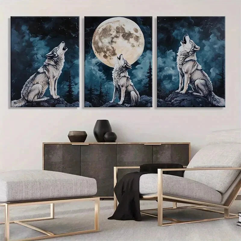 3pcs Wolf Howling at the Moon Mystical Perfect Wall Art Set Canvas Framed 60x90cm - High Quality Print 100% Australian Made Wall Canvas Ready to Hang