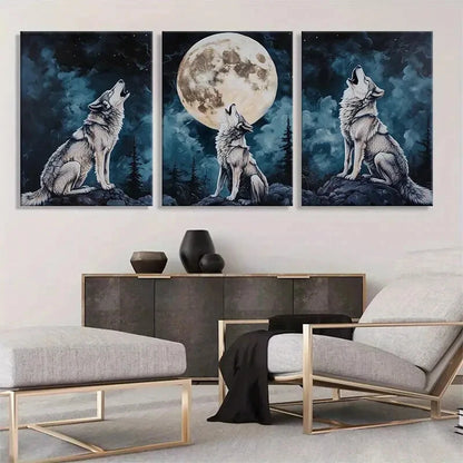3pcs Wolf Howling at the Moon Mystical Perfect Wall Art Set Canvas Framed 60x90cm - High Quality Print 100% Australian Made Wall Canvas Ready to Hang