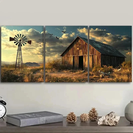 3pcs Barns and Windmills Decoration Wall Art Set Canvas Framed 40x60cm - High Quality Print 100% Australian Made Wall Canvas Ready to Hang