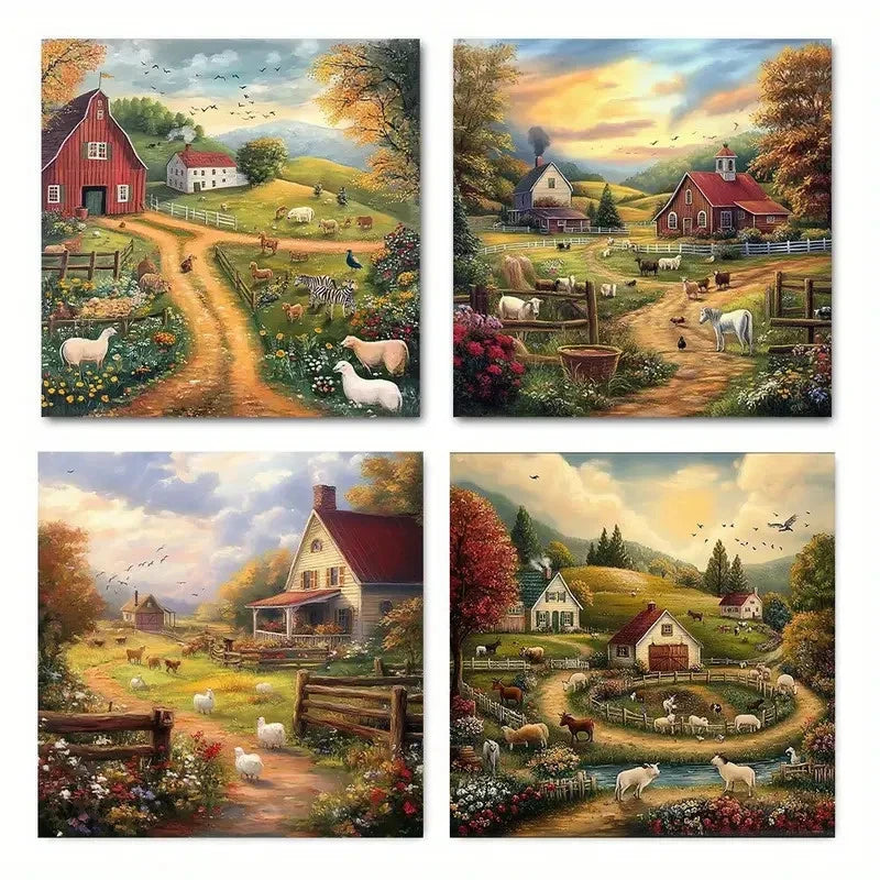 4pcs Beautiful Countryside View Wall Art Canvas Framed