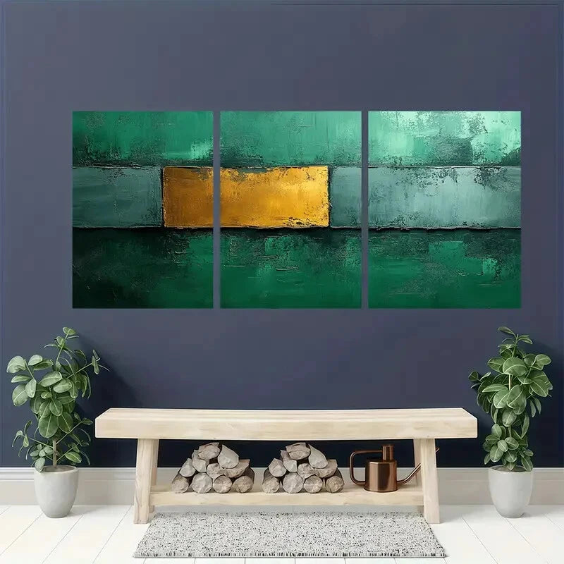 3pcs Green Minimalist Abstract Painting Metal Print Ready to Hang Art - Bella Home Decor