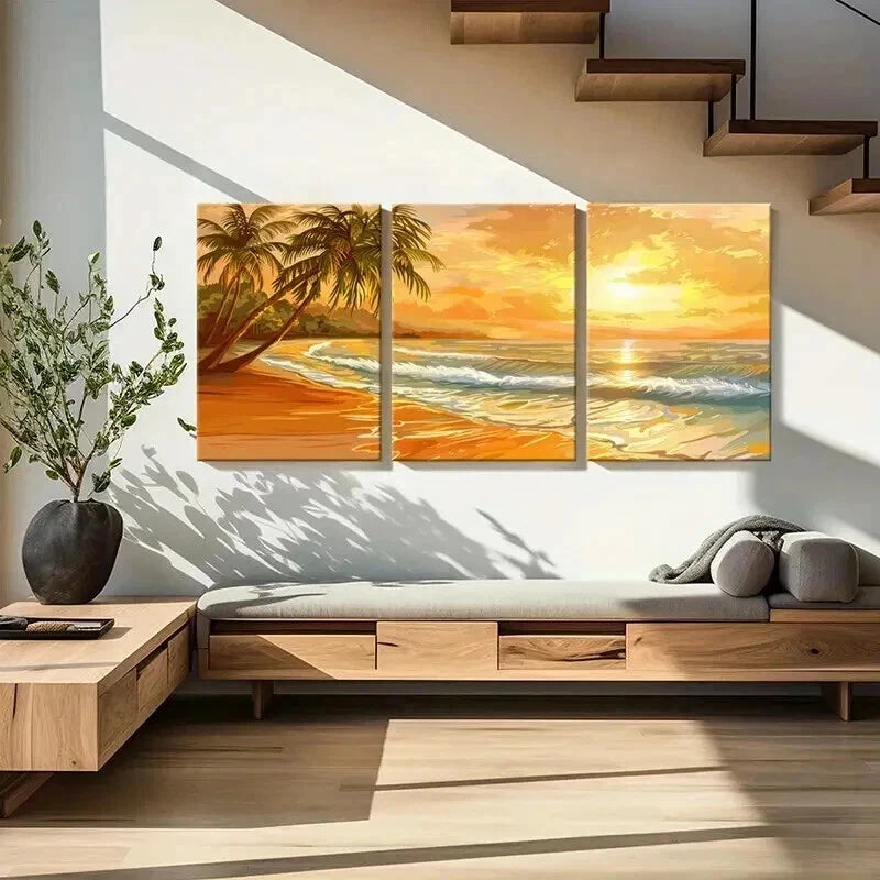 3pcs Vibrant Sunset Beach & Ocean Landscape Wall Art Set Canvas Framed 40x60cm - High Quality Print 100% Australian Made Wall Canvas Ready to Hang