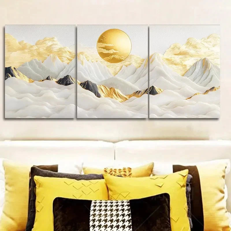 3pcs Golden and Silver Clouds art Wall Art Set Canvas Framed 60x90cm - High Quality Print 100% Australian Made Wall Canvas Ready to Hang - Bella Home Decor