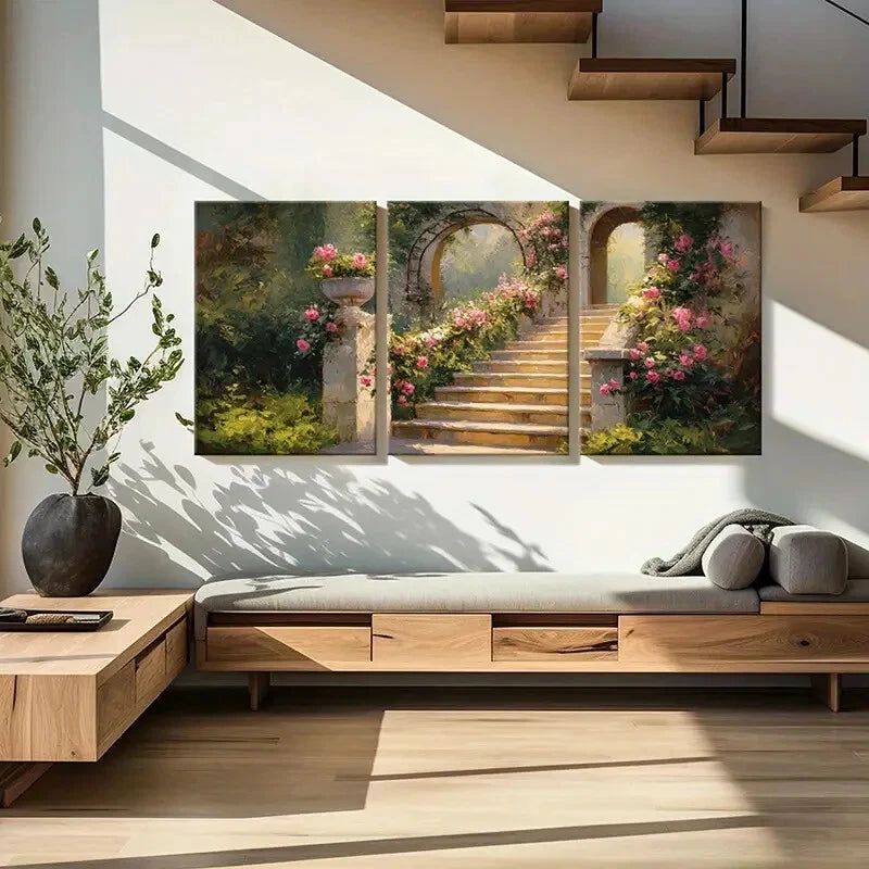 3pcs Garden Pathway Stone Steps Pink Roses Metal Print Ready to Hang Art - Bella Home Decor