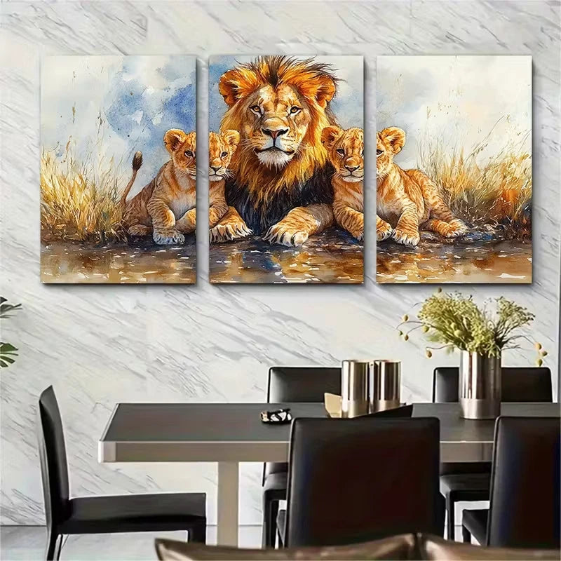 3pcs , Vivid Lion & Cub Designs Metal Print Ready to Hang Art - Bella Home Decor