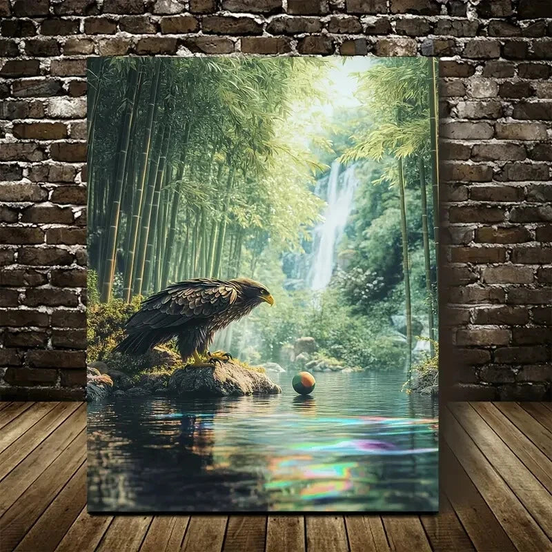 Majestic Eagle Playing with Ball in Bamboo Painting 40x60cm Metal Print Ready to Hang - Bella Home Decor