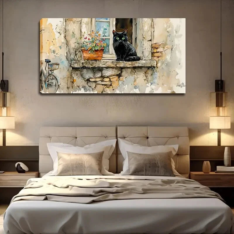 Abstract Style Black Cat on Old Wall Art Canvas Office Home Room Framed 120x60cm - Bella Home Decor