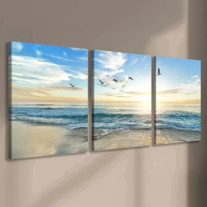 3pcs Beautiful sea , Vibrant Sunset Wall Art Set Canvas Framed 40x60cm - High Quality Print 100% Australian Made Wall Canvas Ready to Hang - Bella Home Decor