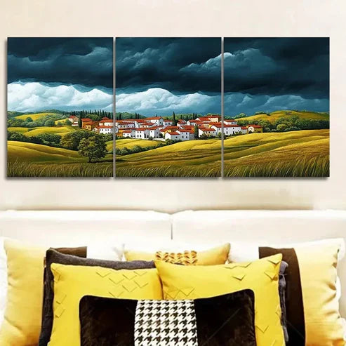3pcs A little village with red roofs Painting Wall Art Set Canvas Unframed - High Quality Print 100% Australian Made Wall Canvas - Bella Home Decor