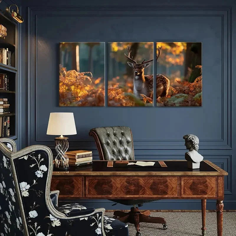 3pcs Autumn Forest Deer Art Wildlife Print Metal Print Ready to Hang Art - Bella Home Decor