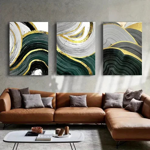 3pcs Gold Green Marble Line Wall Art Set Canvas Unframed - High Quality Print 100% Australian Made Wall Canvas - Bella Home Decor