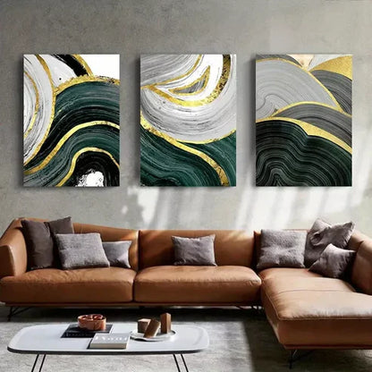 3pcs Gold Green Marble Line Wall Art Set Canvas Unframed - High Quality Print 100% Australian Made Wall Canvas - Bella Home Decor