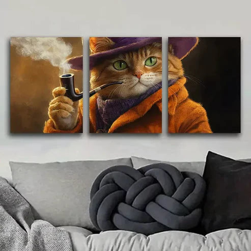 3pcs A Cat with a Pipe Smoke Orange Cat Wall Art Set Canvas Unframed - High Quality Print 100% Australian Made Wall Canvas - Bella Home Decor