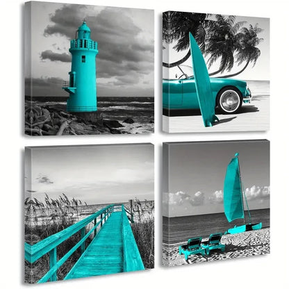 4pcs Frame Beach Wall Art Canvas Framed