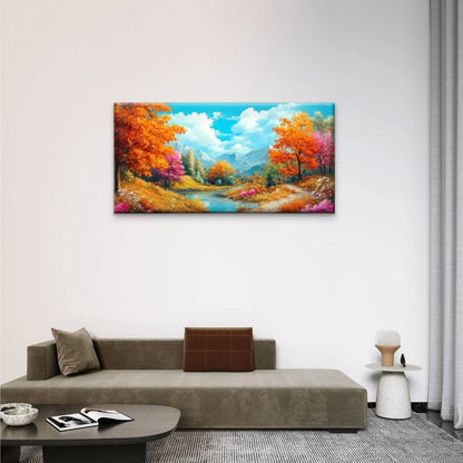 Autumn River Blue Sky Cloud Wall Art Canvas Office Home Room Framed 120x60cm