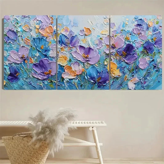3pcs Flower Floral Art Blue Impasto Wall Art Set Canvas Framed 50x70cm - High Quality Print 100% Australian Made Wall Canvas Ready to Hang