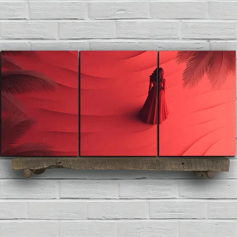 3pcs Coconut Trees and Silhouette Woman Beach Metal Print Ready to Hang Art - Bella Home Decor