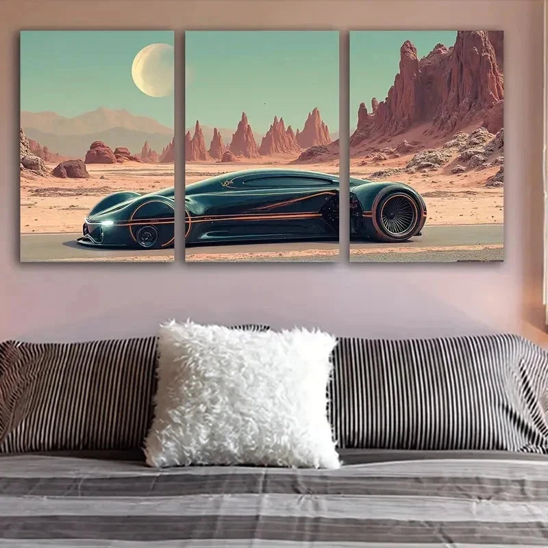 3pcs Futuristic Car In Desert Scene Wall Art Set Canvas Framed 50x70cm - High Quality Print 100% Australian Made Wall Canvas Ready to Hang - Bella Home Decor