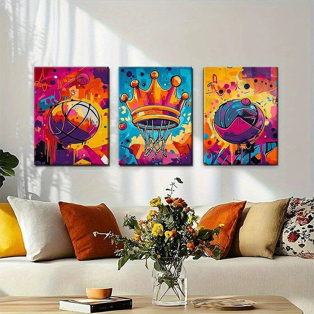 3pcs Abstract Basketball Championship Graffiti Metal Print Ready to Hang Art - Bella Home Decor