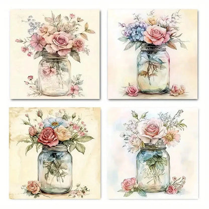 4pcsRustic Floral Bouquet In Vase Wall Art Canvas Framed