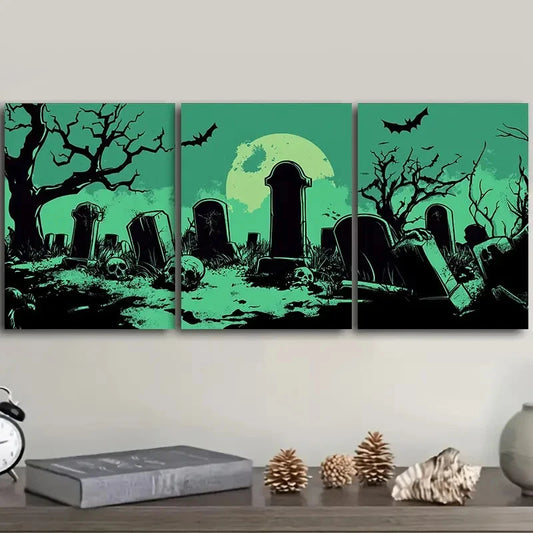3pcs Graveyard Halloween Theme,Metal Print Ready to Hang Art