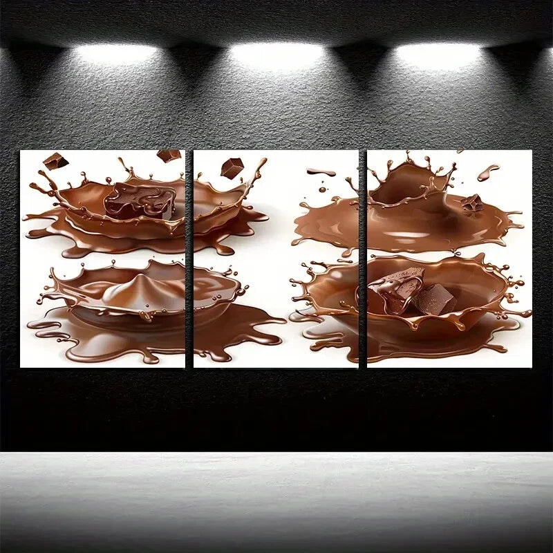 3pcs Chocolate Splash in White Background Metal Print Ready to Hang Art - Bella Home Decor