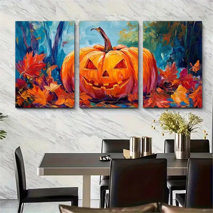 3pcs Pumpkin Oil Painting Halloween Metal Print Ready to Hang Art