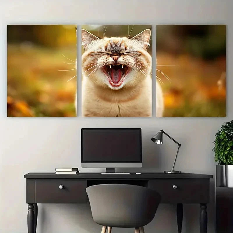 3pcs Cute Cat Yawning Illustration Wall Art Set Canvas Framed 50x70cm - High Quality Print 100% Australian Made Wall Canvas Ready to Hang - Bella Home Decor