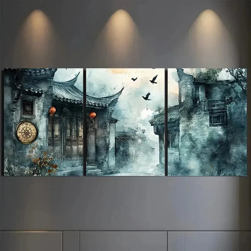 3pcs Chinese courtyard under the northern light   Wall Art Canvas  Framed 60x90cm - High Quality Print 100% Australian Made Wall Canvas Ready to Hang - Bella Home Decor