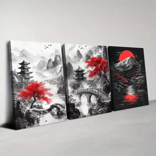 3pcs Red Tree Bridge and Mountain Landscape Art Set Canvas Framed 50x70cm - High Quality Print 100% Australian Made Wall Canvas Ready to Hang
