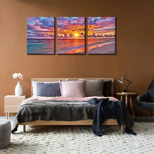 3pcs Beach Sunset Seascape Painting Metal Print Ready to Hang Art