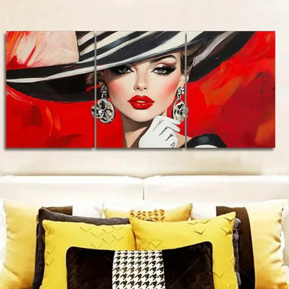 3pcs Fashionable woman in black hat Wall Art Canvas Unframed - High Quality Print 100% Australian Made Wall Canvas