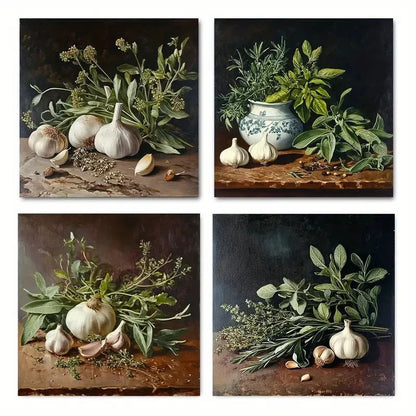 4pcs Herbs And Garlic Still Life Poster Wall Art Canvas Framed