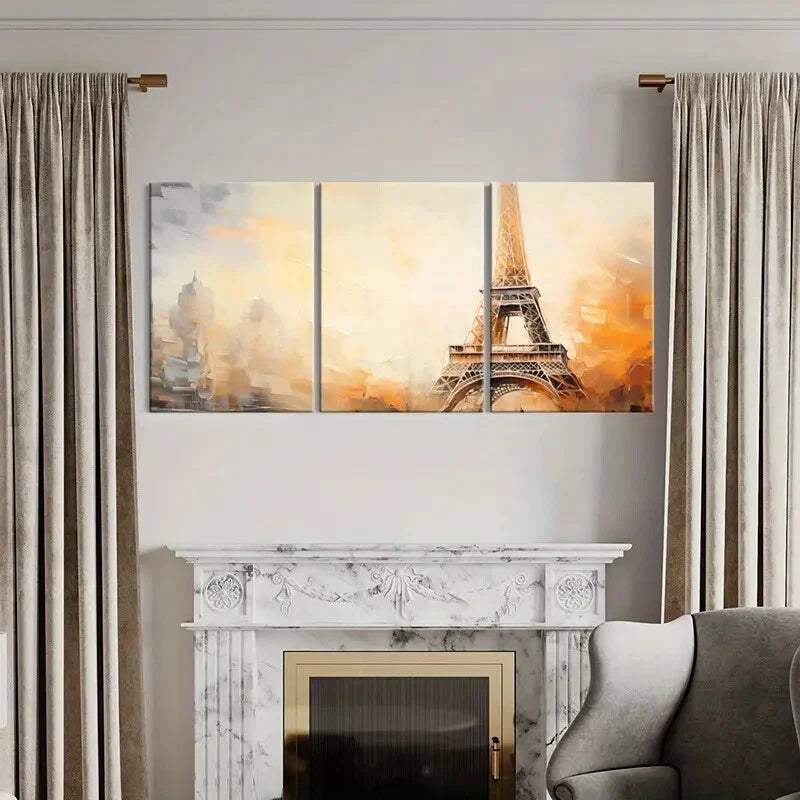 3pcs Eiffel Tower Abstract Golden Hue Cityscape Metal Print Ready to Hang Art - Bella Home Decor